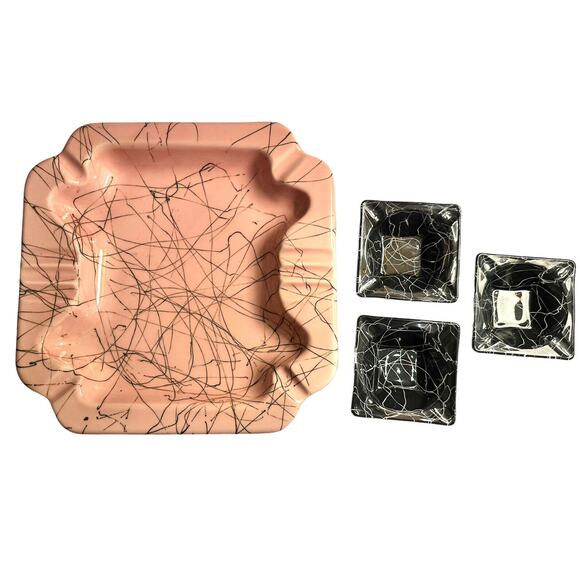 FAB MCM Ashtray Set Large Pink Black Squiggly Accents & Three Black & White